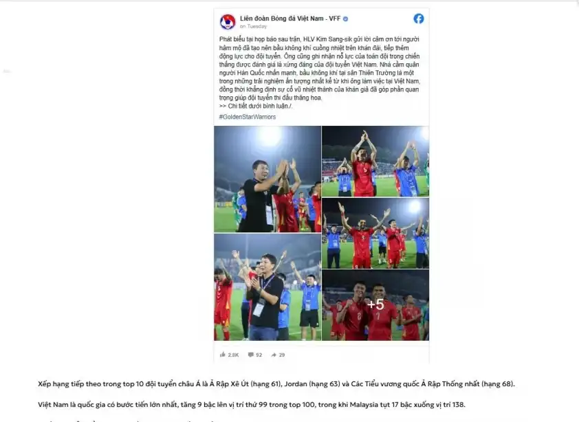 AFC đăng tải hình ảnh của ĐT Việt Nam sau trận thắng Malaysia (Ảnh: Chụp màn hình)